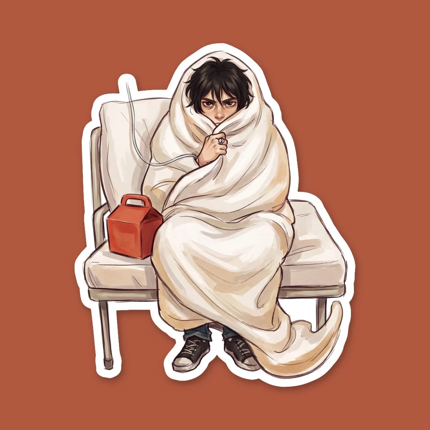Will Solace enforces strict doctor's orders by swaddling Nico di Angelo into a grumpy blanket burrito. Nico glares from inside the layers while resting on an infirmary cot., view 2