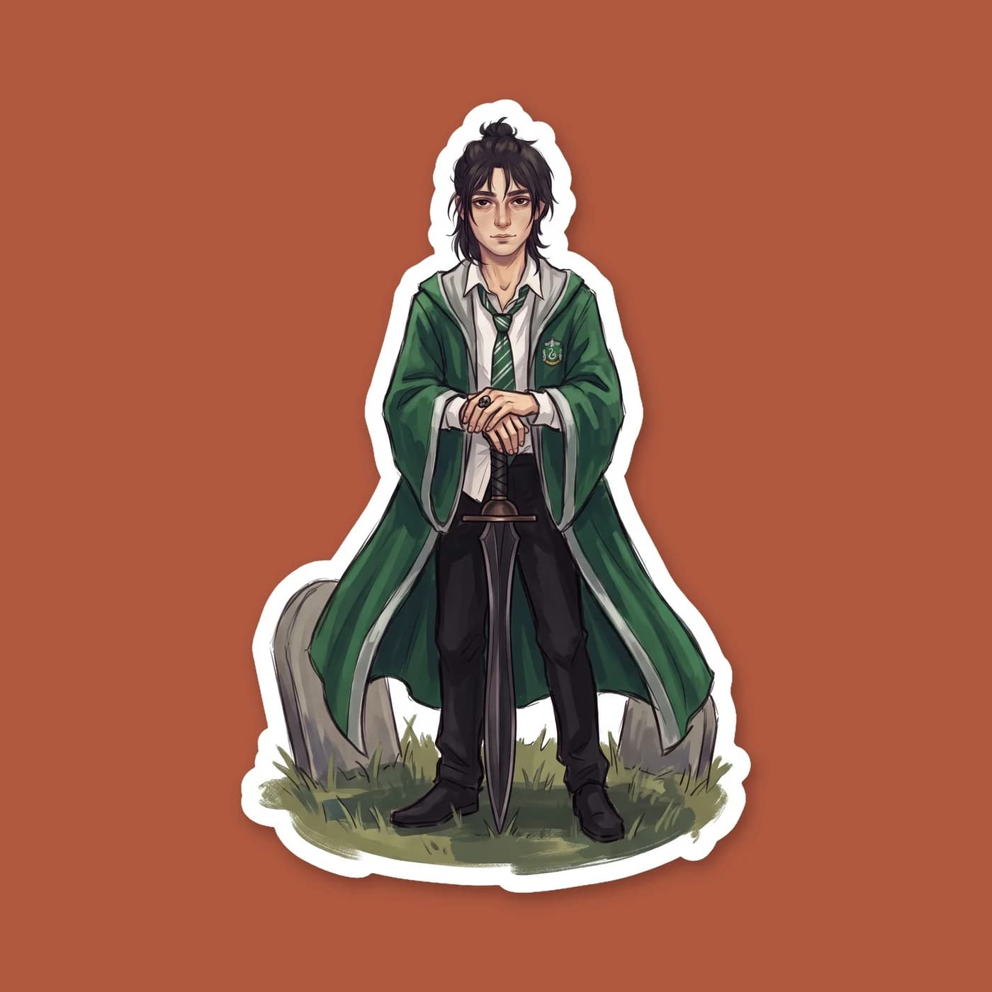 Nico wears a green and silver striped scarf over his usual dark clothes, looking like an exchange student at a magical boarding school. He carries a stack of ancient, dusty textbooks., view 2