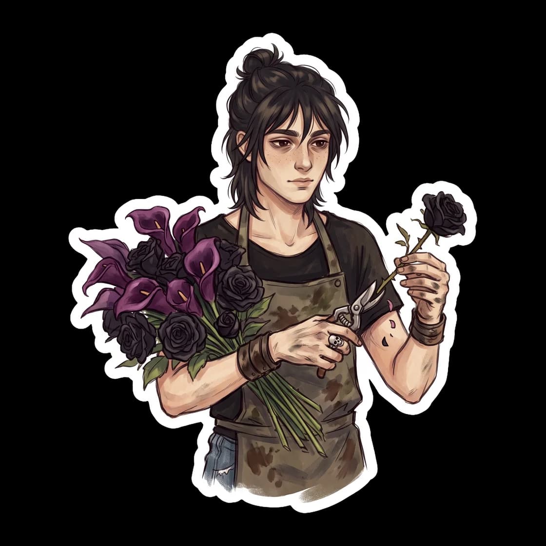 Will Solace cheerfully presents Nico with a bouquet of dark gothic blooms from a local cemetery florist. Nico tries to hide a small, genuine smile behind the dark petals.