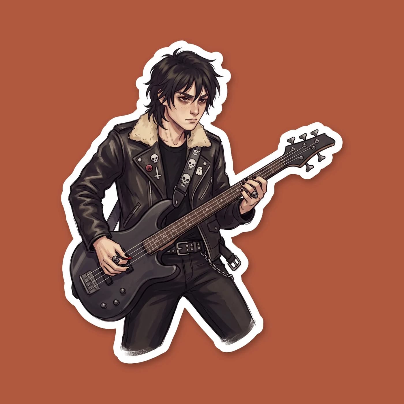 Nico plays a dark bass guitar covered in skull stickers. He wears a worn band tee and combat boots, deeply focused on the heavy rhythm section of the demigod garage band., view 2