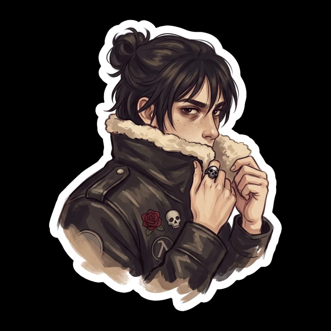Nico gives his signature suspicious side eye in this quiet character portrait. The son of Hades is drawn in his aviator jacket with a subtle shadow aesthetic, capturing his classic guarded expression