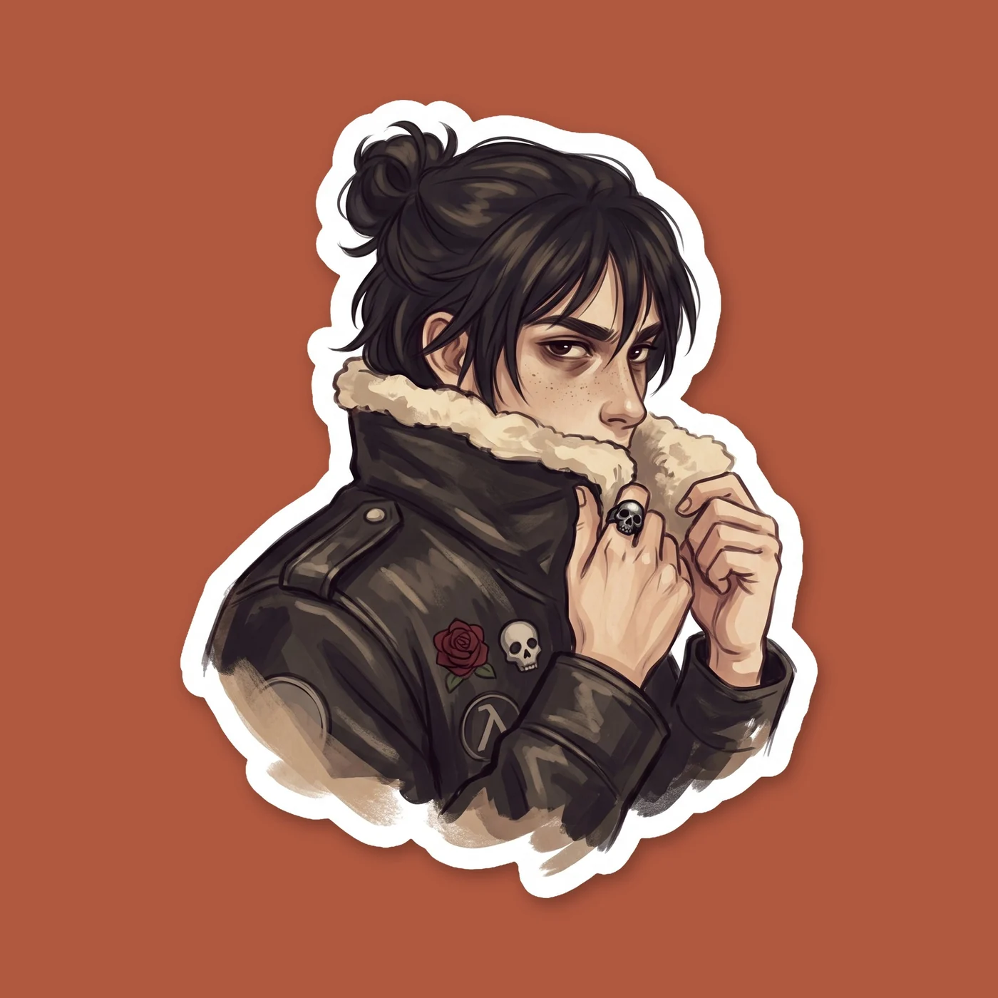 Nico gives his signature suspicious side eye in this quiet character portrait. The son of Hades is drawn in his aviator jacket with a subtle shadow aesthetic, capturing his classic guarded expression , view 2