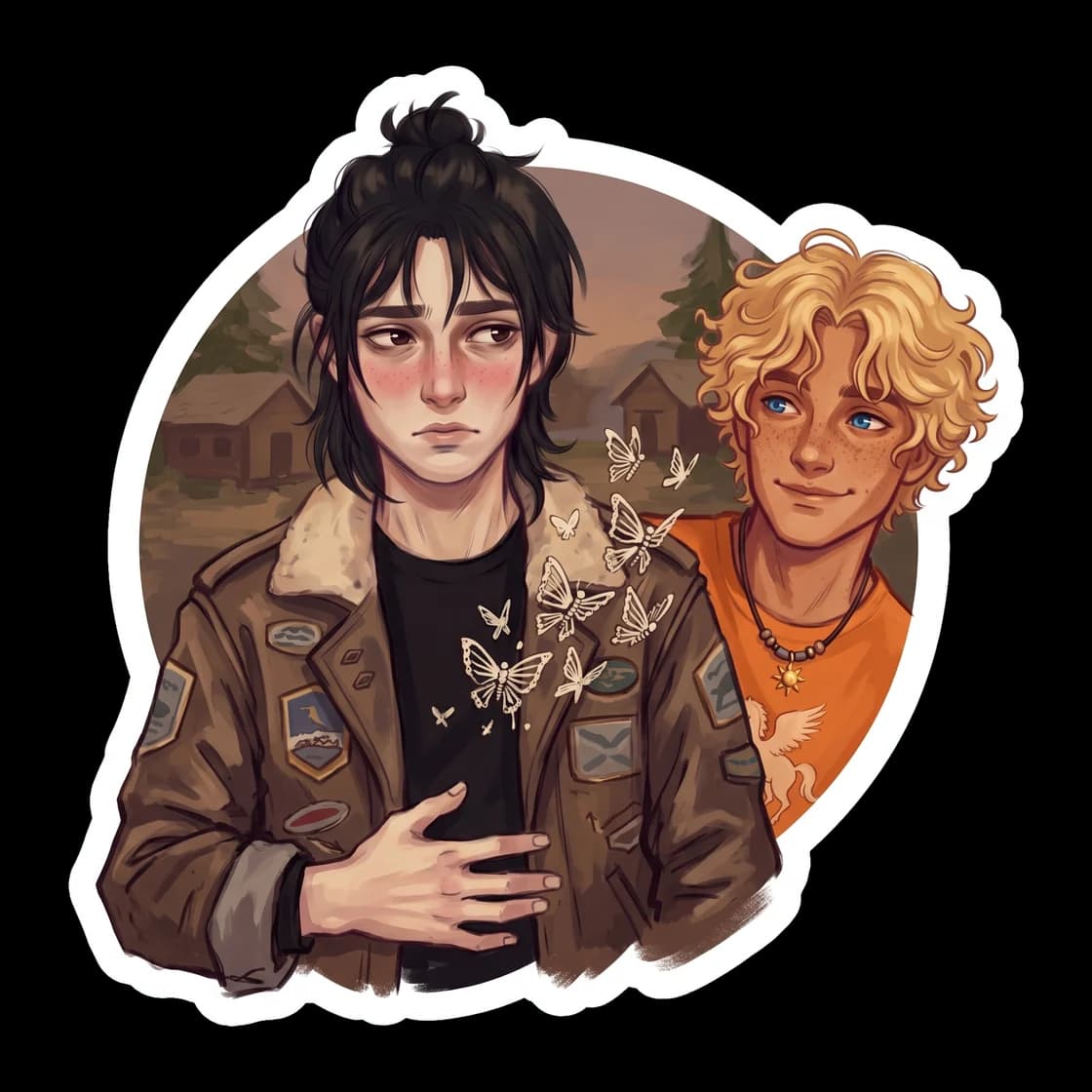 A swarm of skeletal butterflies flutters around Nico and Will as they hold hands in the underworld. The contrast between the dark bone wings and Will's glowing aura highlights the balance of their und