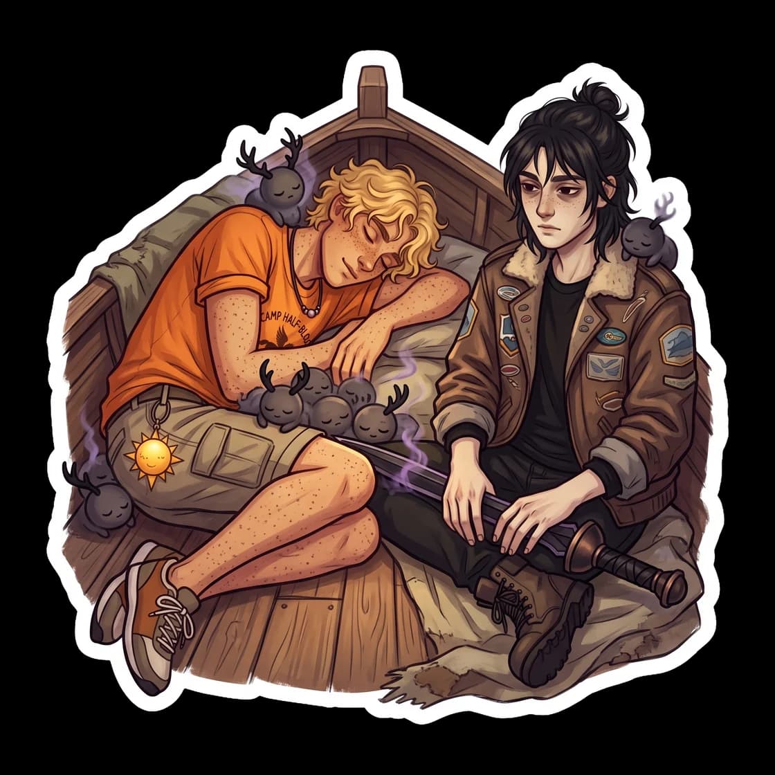 A massive hellhound rests its heavy head on Will's lap while Nico watches with a fond smile. The fearsome underworld monster is reduced to an overgrown puppy sleeping peacefully, blending the dark ele