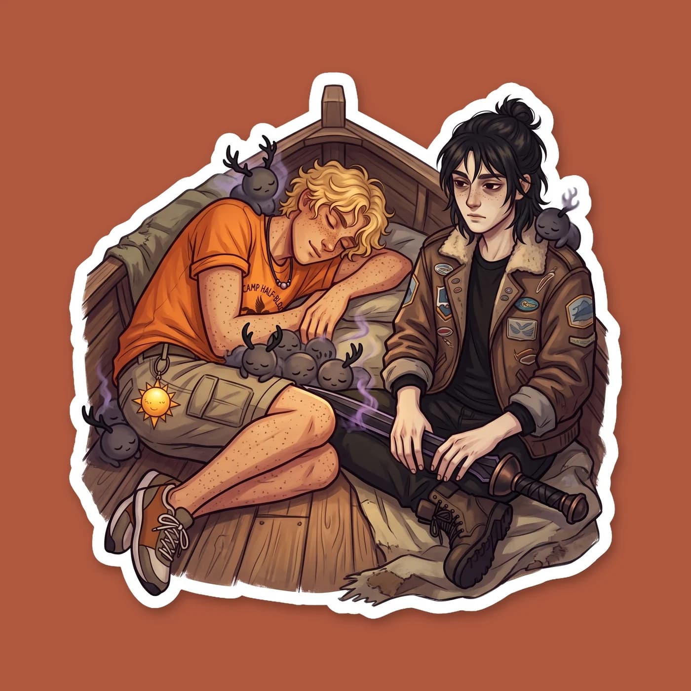 A massive hellhound rests its heavy head on Will's lap while Nico watches with a fond smile. The fearsome underworld monster is reduced to an overgrown puppy sleeping peacefully, blending the dark ele, view 2