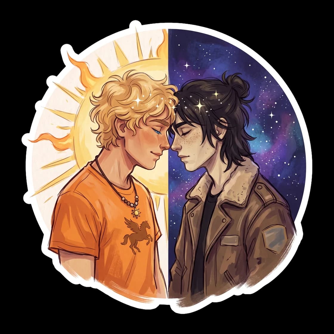 Golden solar flares intertwine with dark silver constellations in this celestial representation of Will and Nico. The symbolic design weaves light and shadow together to honor the balance between the