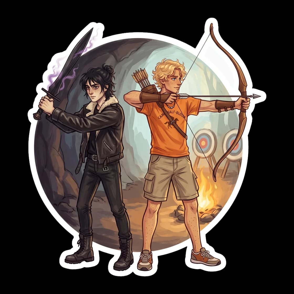 Nico and Will stand defensive and back to back, balancing each other perfectly in the heat of battle. The contrast of shadow and golden light surrounds them as they draw their weapons against monsters