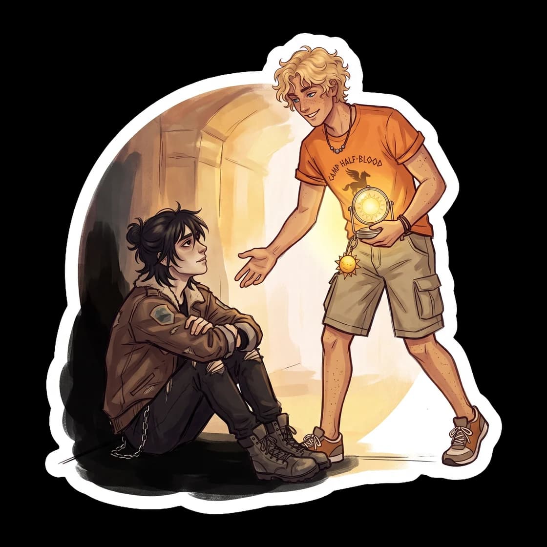 Will steps bravely into a swirling pool of shadows, reaching his hand out to meet Nico halfway in the darkness. It captures the quiet devotion of a healer willing to leave the light just to make sure