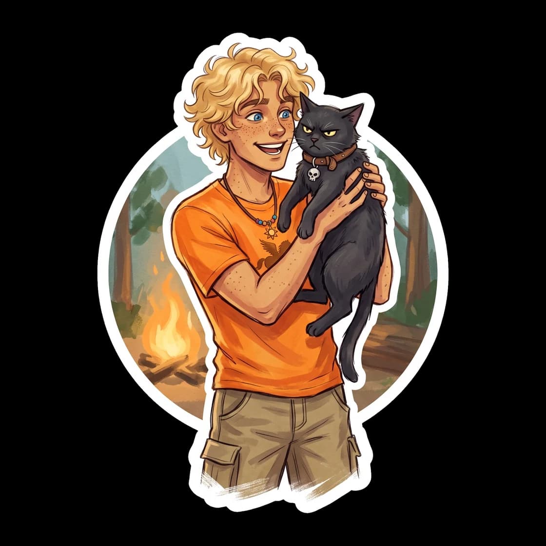 Nico is depicted as a grumpy black cat wearing a tiny skull shirt, glaring affectionately at the viewer. A small golden sun charm dangles from his collar, hinting at a certain son of Apollo who defini