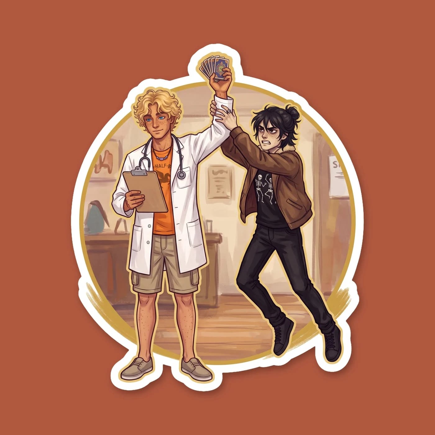 A slightly crumpled Mythomagic card box sits wrapped in a sticky note from Will, declaring it temporarily confiscated until Nico gets some sleep. The playful tension between healer and patient is capt, view 2