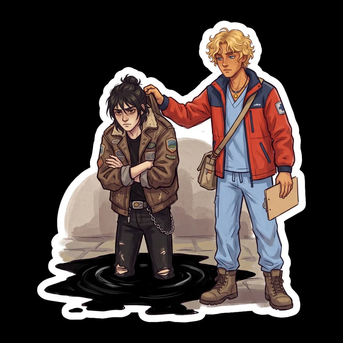 Nico and Will tumble out of a messy shadow travel jump, landing in a tangled heap on the grass of Camp Half-Blood. Will looks slightly nauseous while Nico offers a sheepish, apologetic smirk covered i