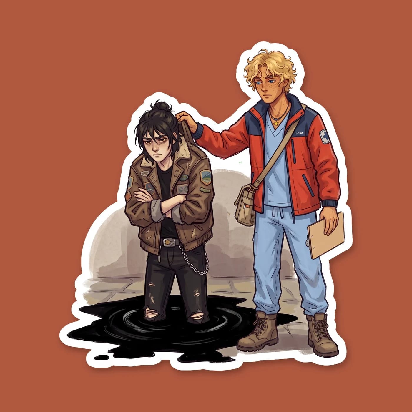 Nico and Will tumble out of a messy shadow travel jump, landing in a tangled heap on the grass of Camp Half-Blood. Will looks slightly nauseous while Nico offers a sheepish, apologetic smirk covered i, view 2