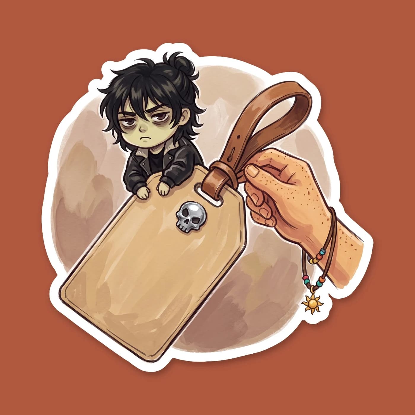 A fictional airline luggage tag warning for high risk shadow travel, complete with a barcode and Hades cabin aesthetic. A subtle nod for fans of the son of Hades who know the toll of moving through th, view 2
