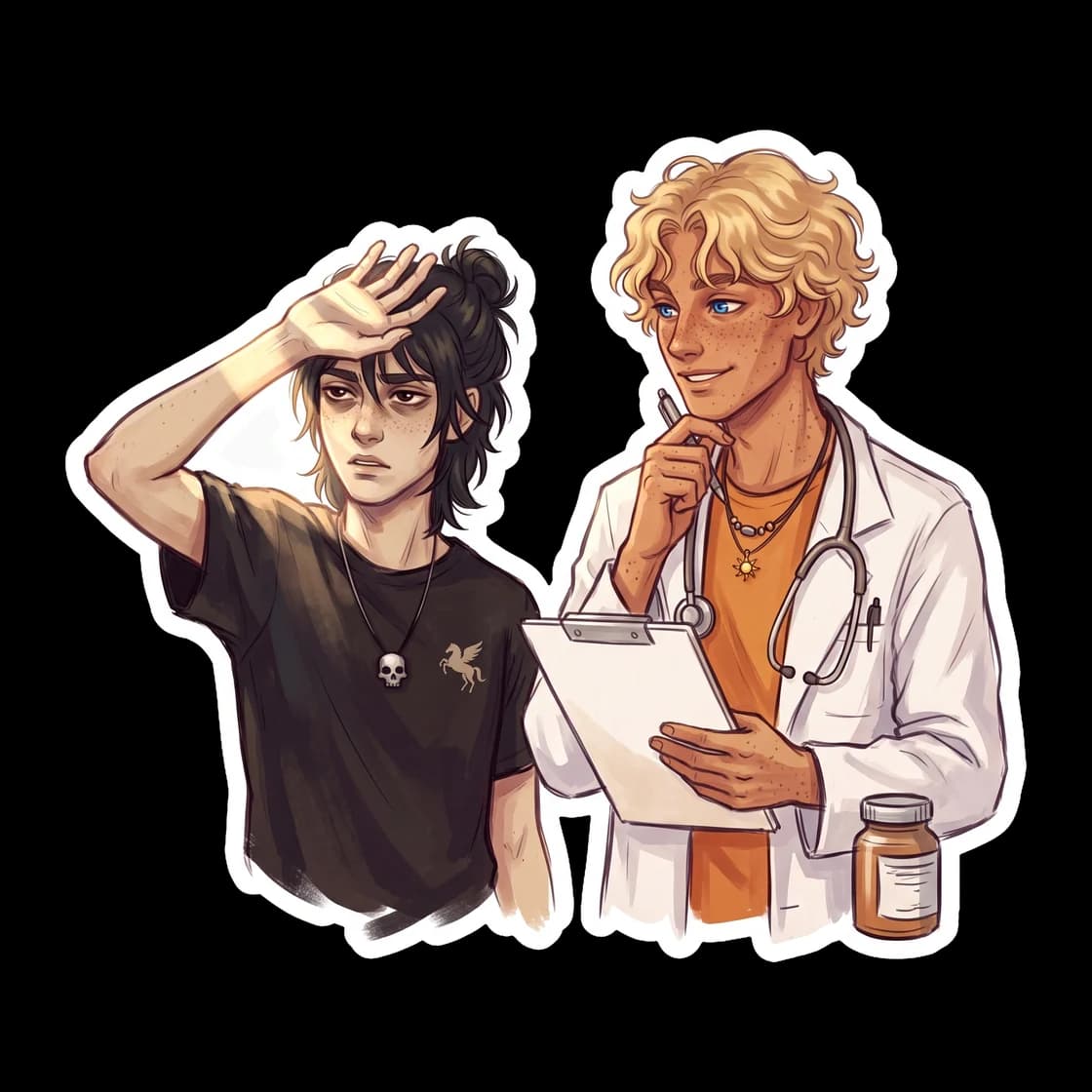 Nico scowling while drinking a juice box, paired with his classic excuse for looking so pale. A humorous design for those who love the grumpy son of Hades and his relatable dietary struggles.