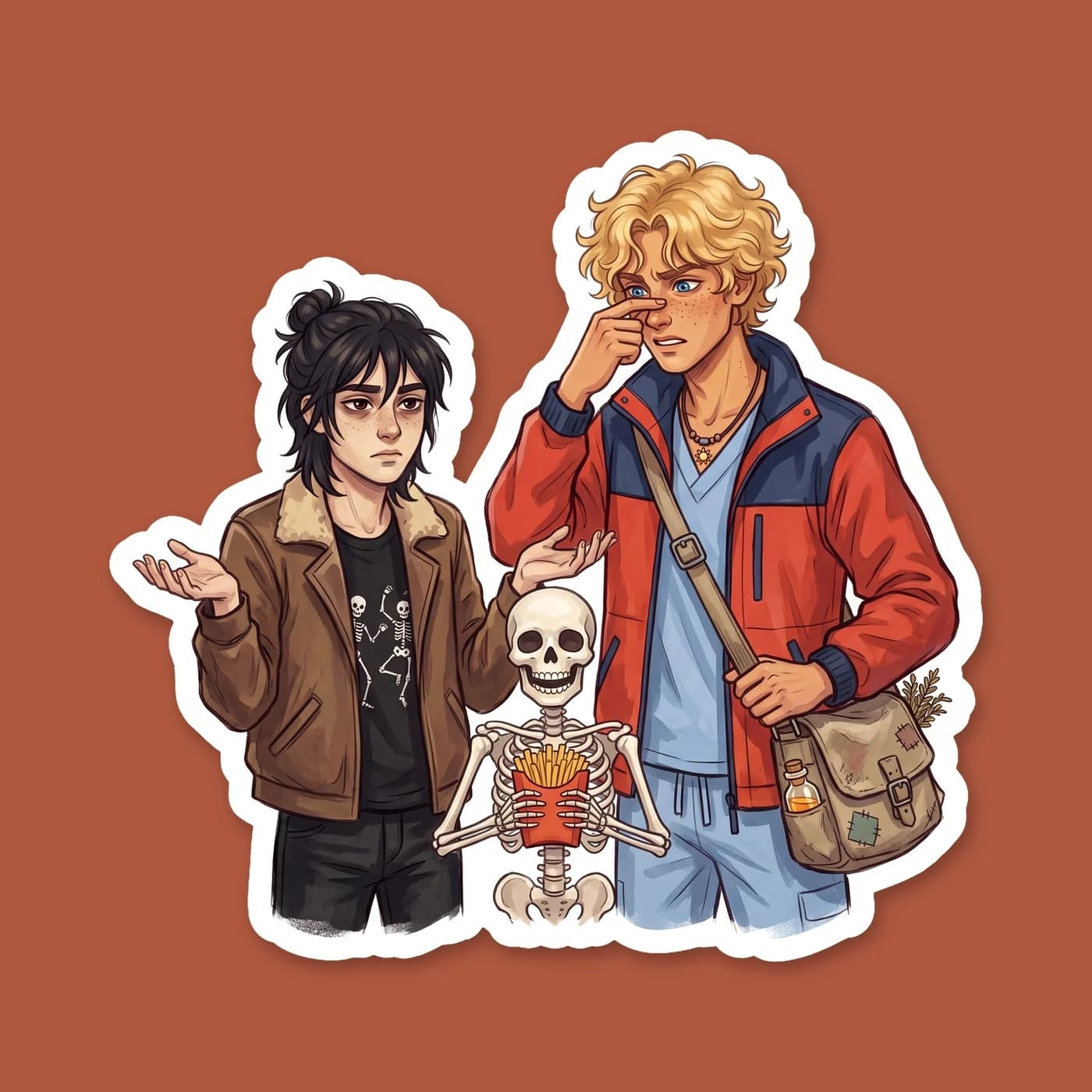 Will looking exasperated while Nico shrugs off a minor graveyard mishap. This piece highlights their opposite personalities and the typical chaos of a date involving the son of Hades., view 2