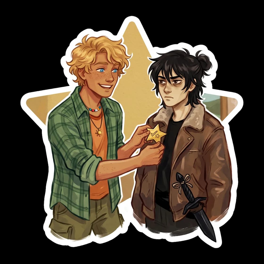 Will offering a sunny smile and a mildly sarcastic congratulation to Nico for keeping his sword sheathed. A sweet and humorous tribute to their unique dynamic and steady growth together.