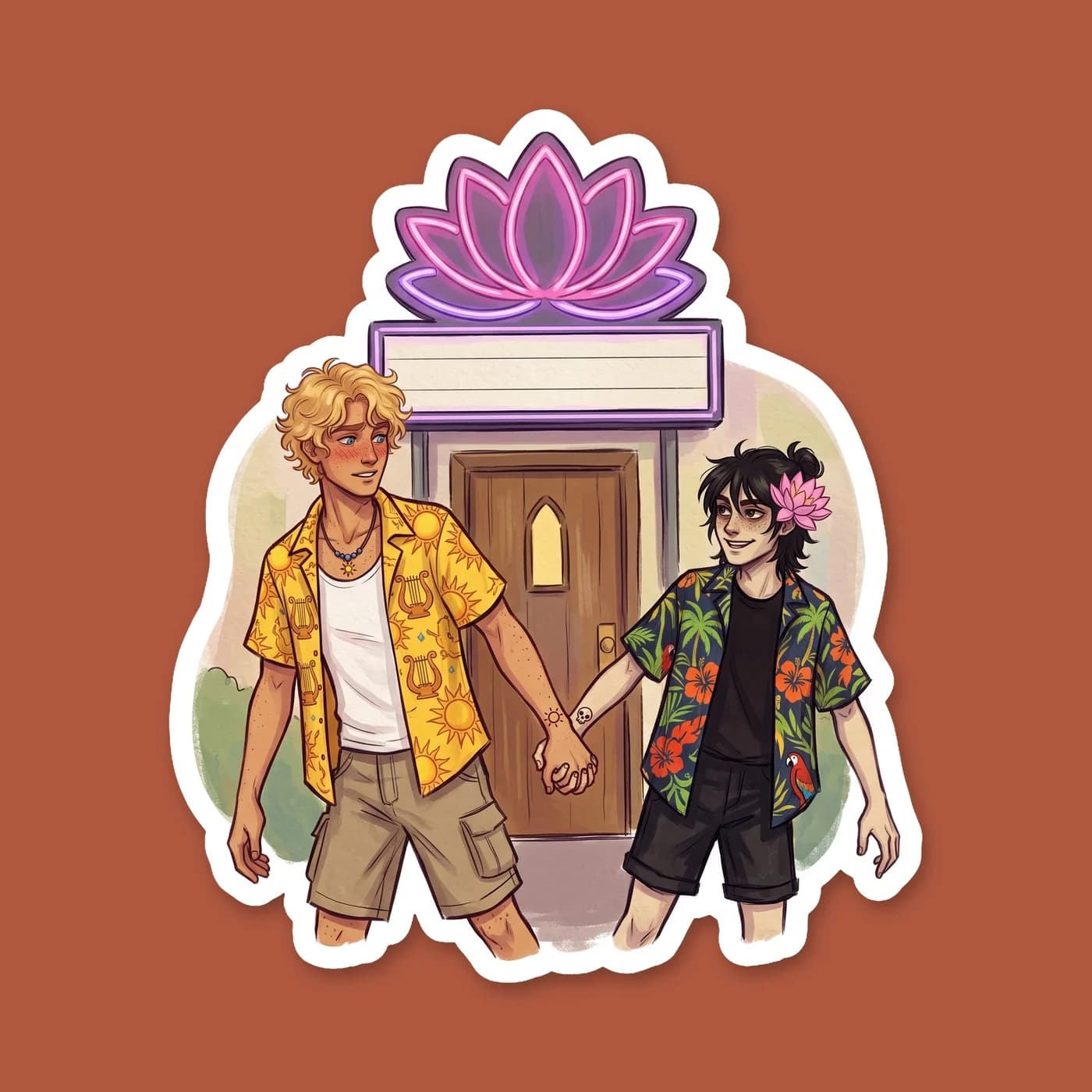 Nico and Will escaping in a retro car against the glowing neon backdrop of a Vegas casino. An alternate universe concept where the sun and star take a well-deserved break from saving the world., view 2