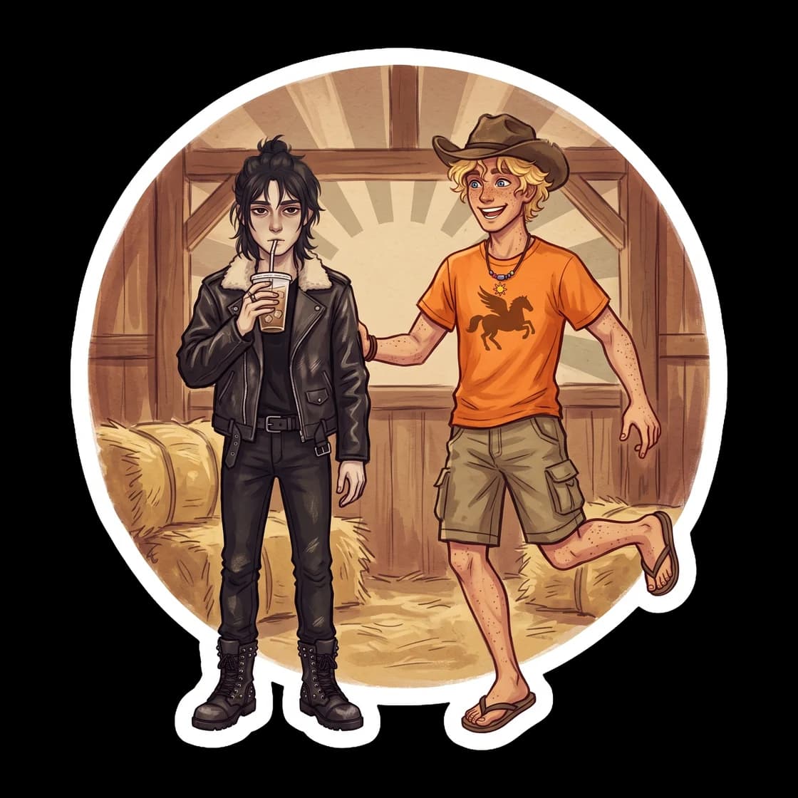Will leaning into his southern roots, complete with a worn cowboy hat, boots, and an acoustic guitar. A cozy design highlighting the Apollo counselor tuning his strings by the campfire.