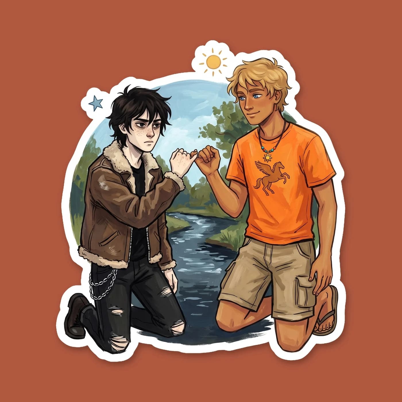 The couple sitting quietly by the canoe lake, finally enjoying a moment of genuine peace without a prophecy looming over them. This piece reflects the rare and quiet joy of just being normal teenagers, view 2