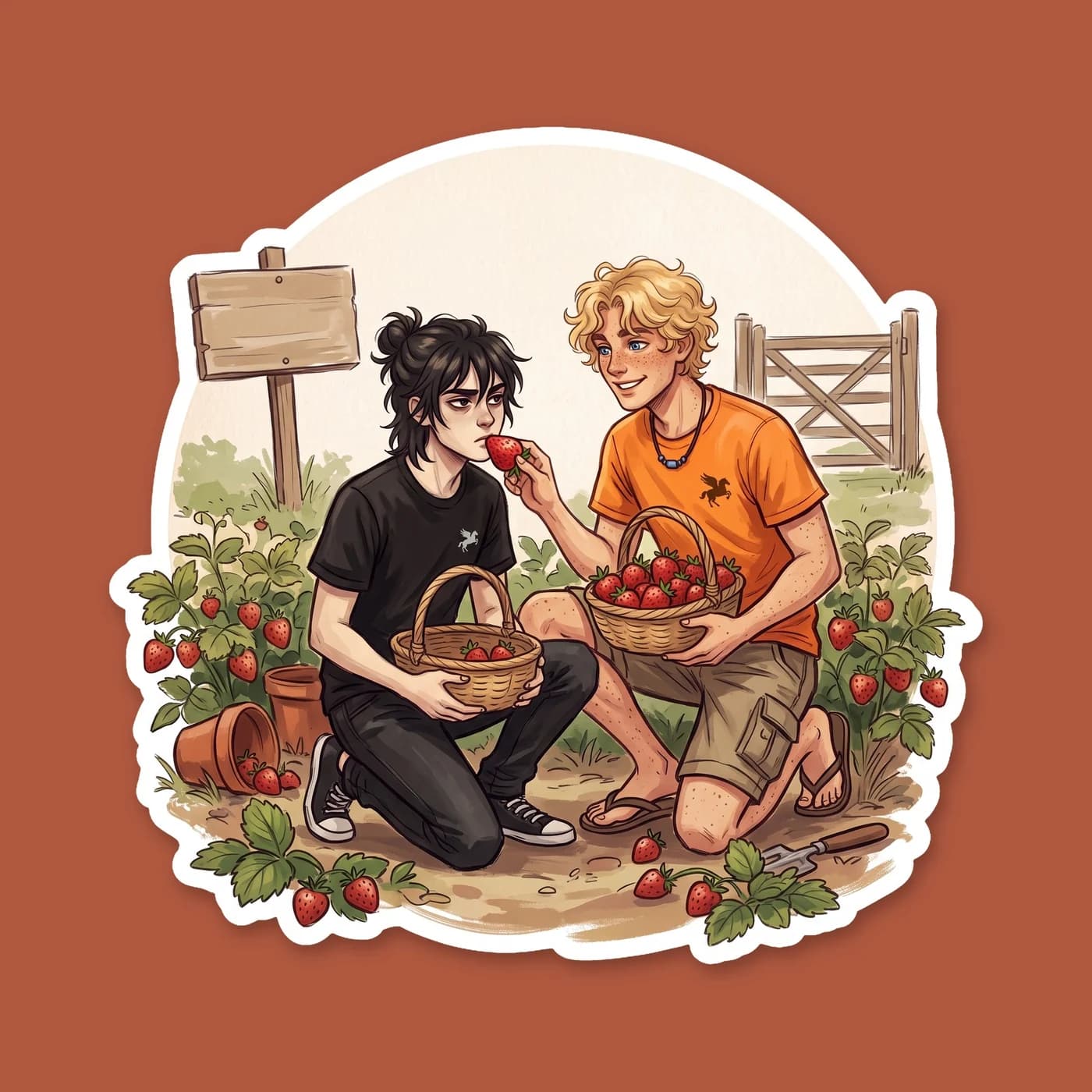 Will and Nico serving out a minor punishment by picking fruit in the camp strawberry fields, hands stained red. A slice of daily camp life showing that even chores are better when they are done togeth, view 2