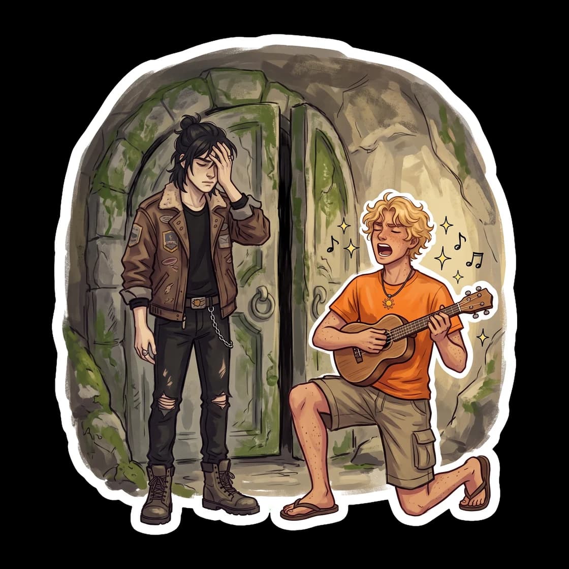 Will dramatically singing outside the hidden entrance in Central Park, trying to use his musical gifts to open the pathway. A lighthearted take on Apollo kids using sheer boyband charm to bypass ancie