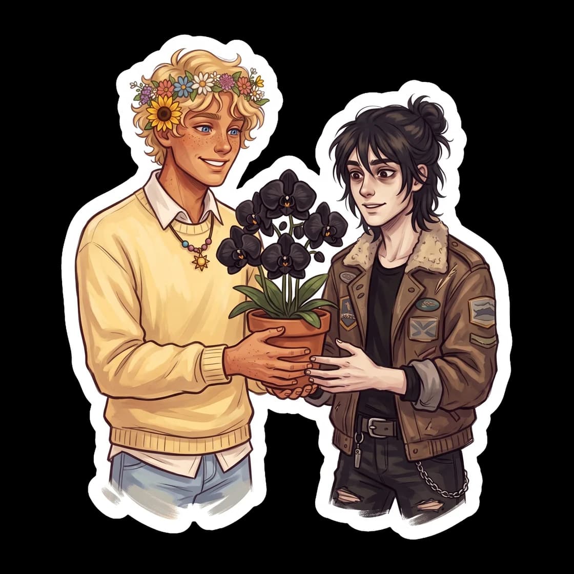 Will presents Nico with a rare bouquet of black orchids grown specifically for the son of Hades. Nico tries to hide his flush behind the dark petals while Will smiles warmly under the camp sun.