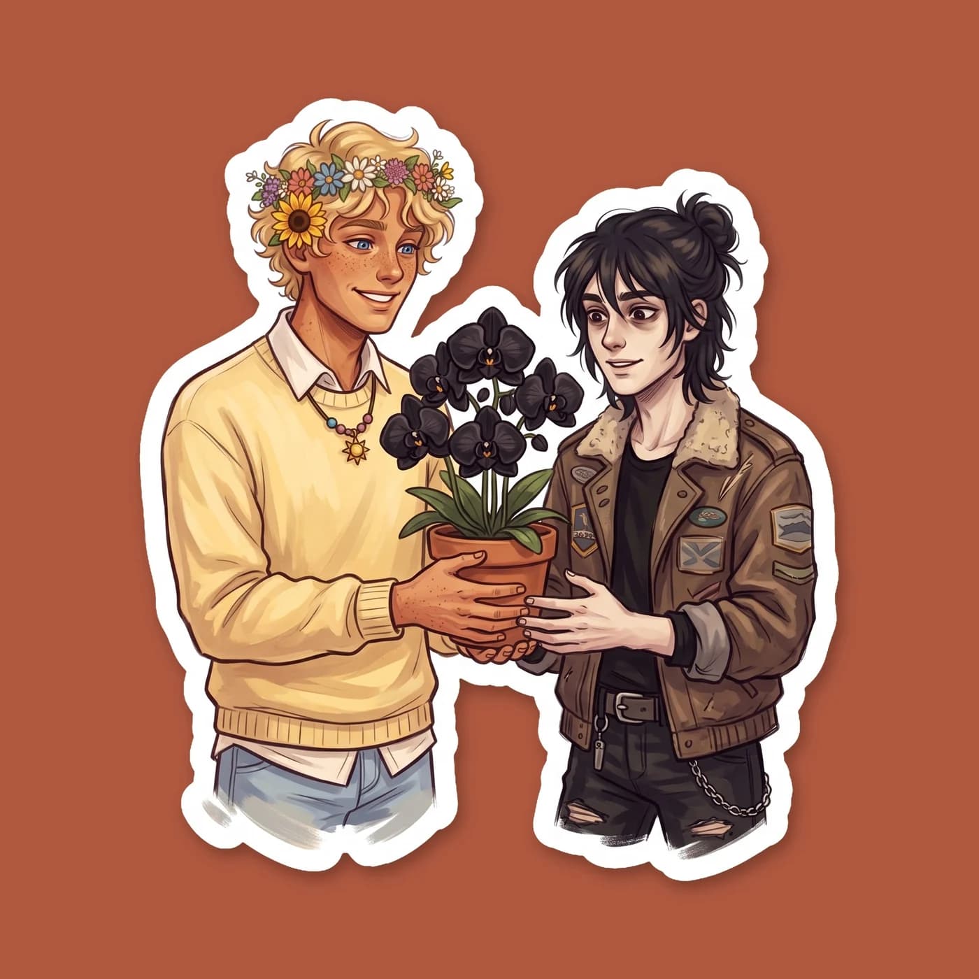 Will presents Nico with a rare bouquet of black orchids grown specifically for the son of Hades. Nico tries to hide his flush behind the dark petals while Will smiles warmly under the camp sun., view 2