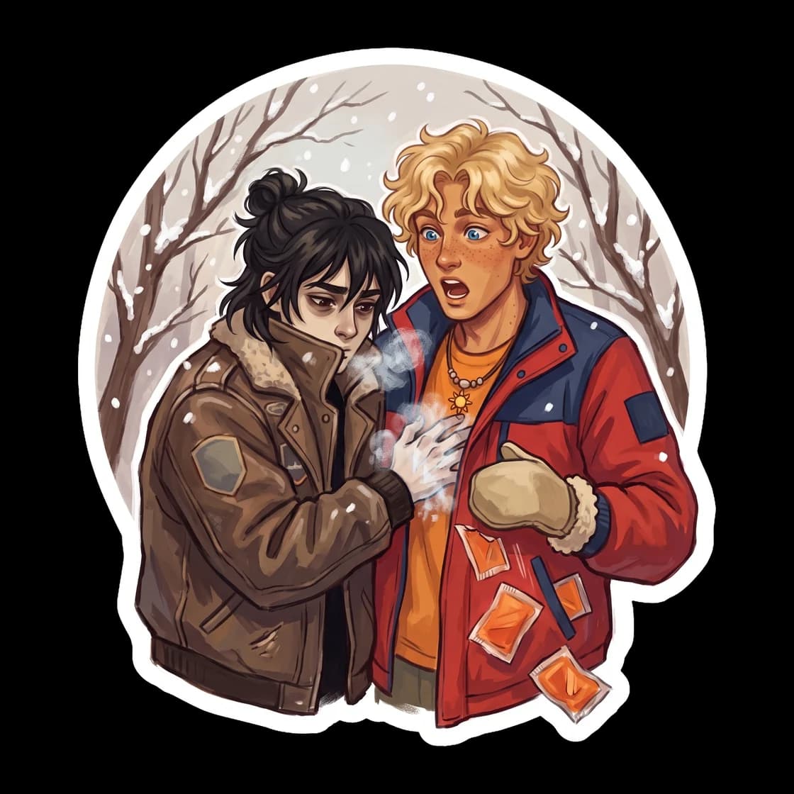 Nico presses his freezing hands against Will's glowing cheeks to steal some Apollo-given warmth. Will rolls his eyes but leans into the cold touch, letting himself be used as a personal space heater.