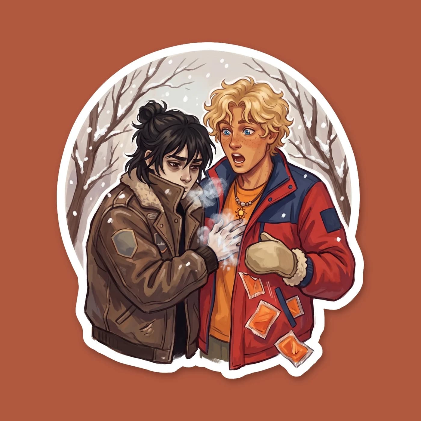 Nico presses his freezing hands against Will's glowing cheeks to steal some Apollo-given warmth. Will rolls his eyes but leans into the cold touch, letting himself be used as a personal space heater., view 2