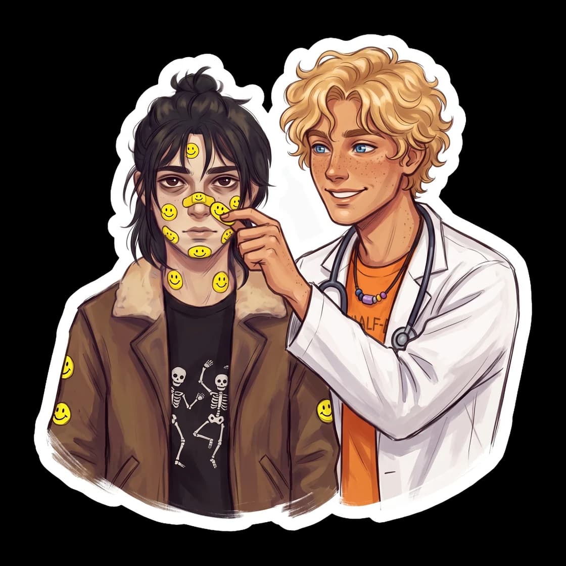 Will covers Nico's battle scratches with an excessive amount of brightly colored character band-aids in the camp infirmary. Nico scowls at a glowing neon plaster on his cheek while Will admires his ha
