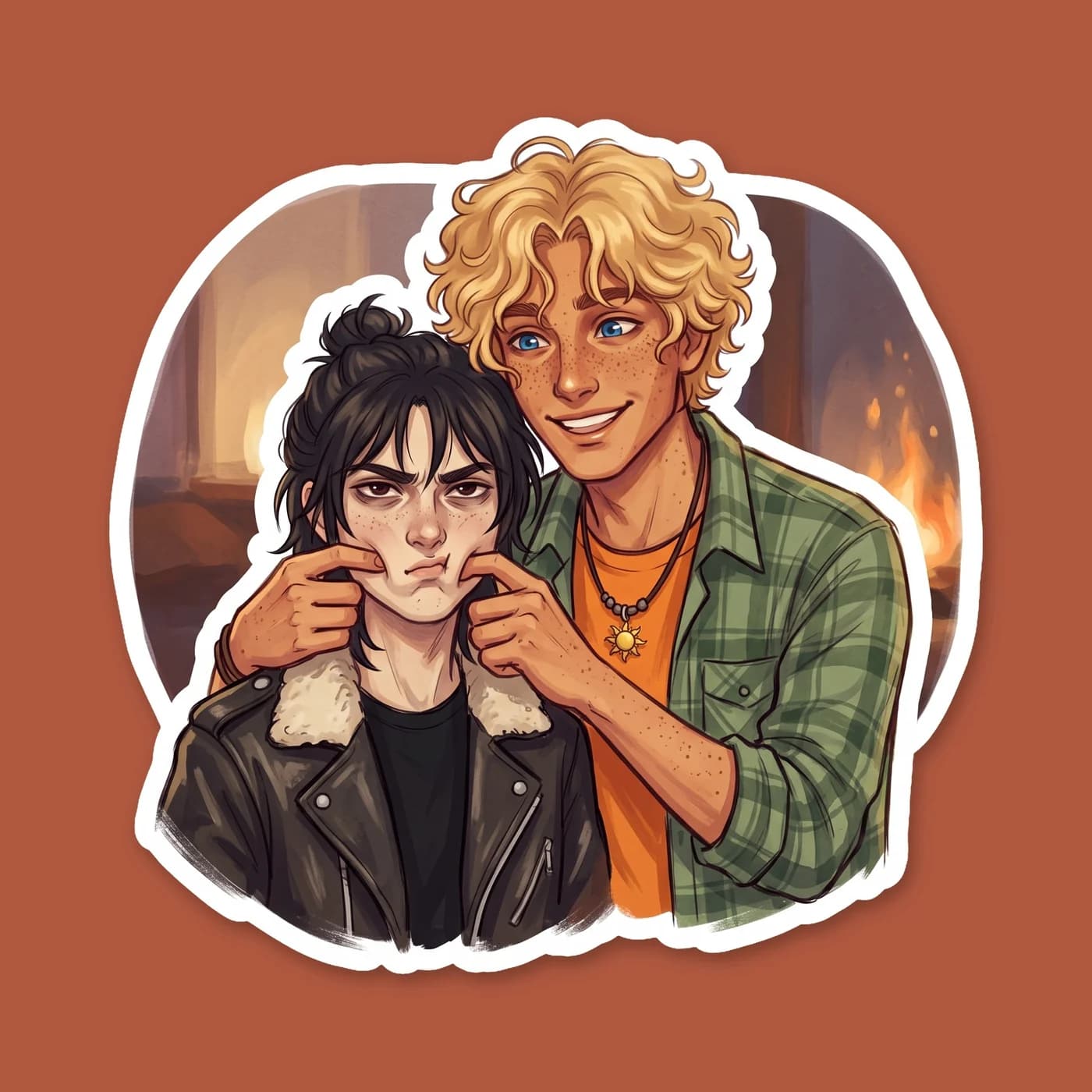 Will uses both hands to affectionately squish Nico's cheeks together, forcing his lips into a tiny pout. Nico glares up at the taller boy, though the faint blush on his face betrays his lack of actual, view 2