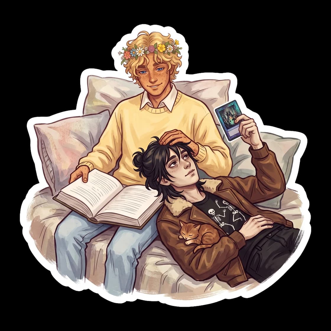 Tangled in blankets, Will reads aloud from a thick medical textbook while Nico rests his head on Will's chest. Mythomagic cards are scattered across the mattress around them as they wind down for the