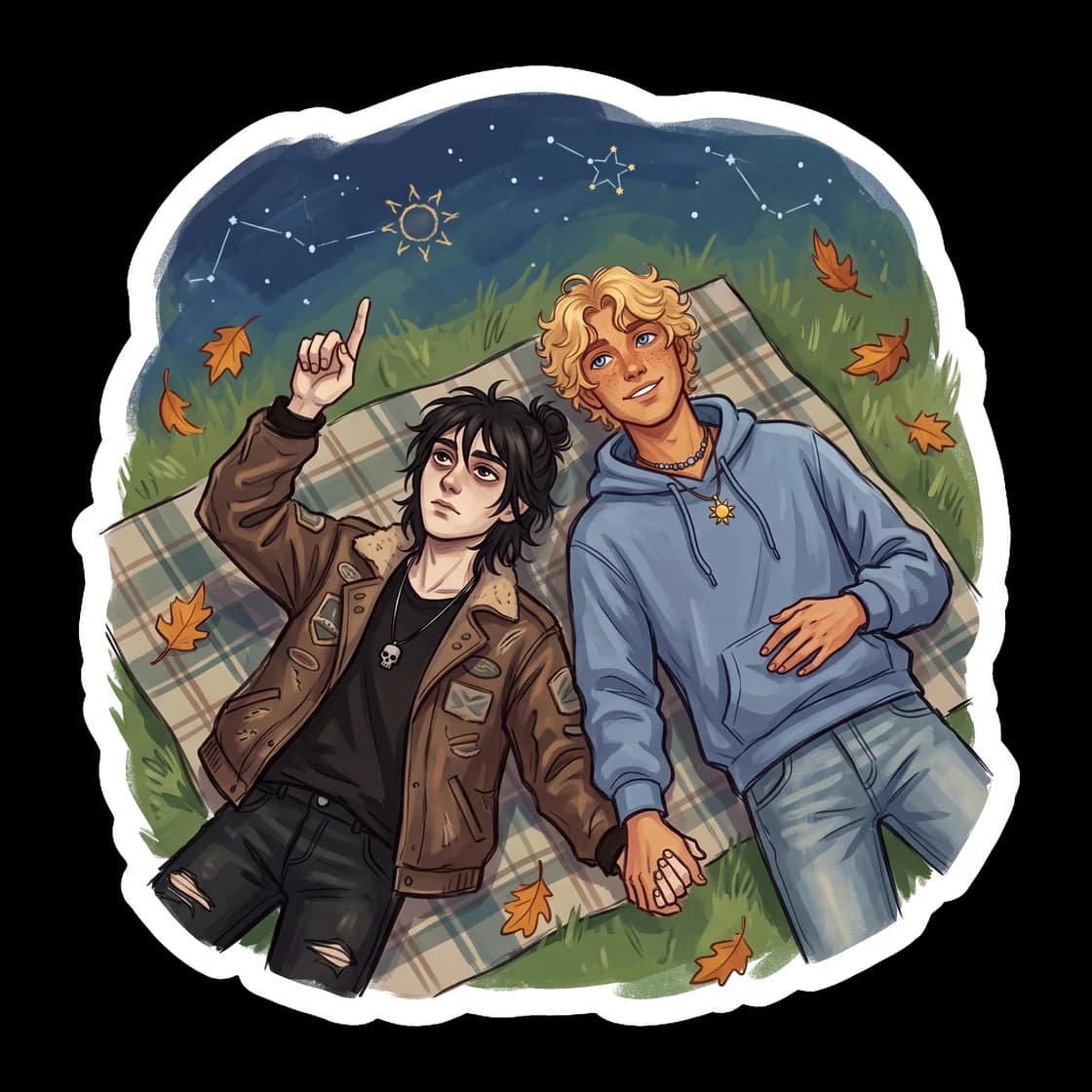The boys lie shoulder-to-shoulder on the grass, tracing constellations in the night sky. Nico points out a cluster of stars while Will looks entirely at him, bathed in the soft silver light of the moo