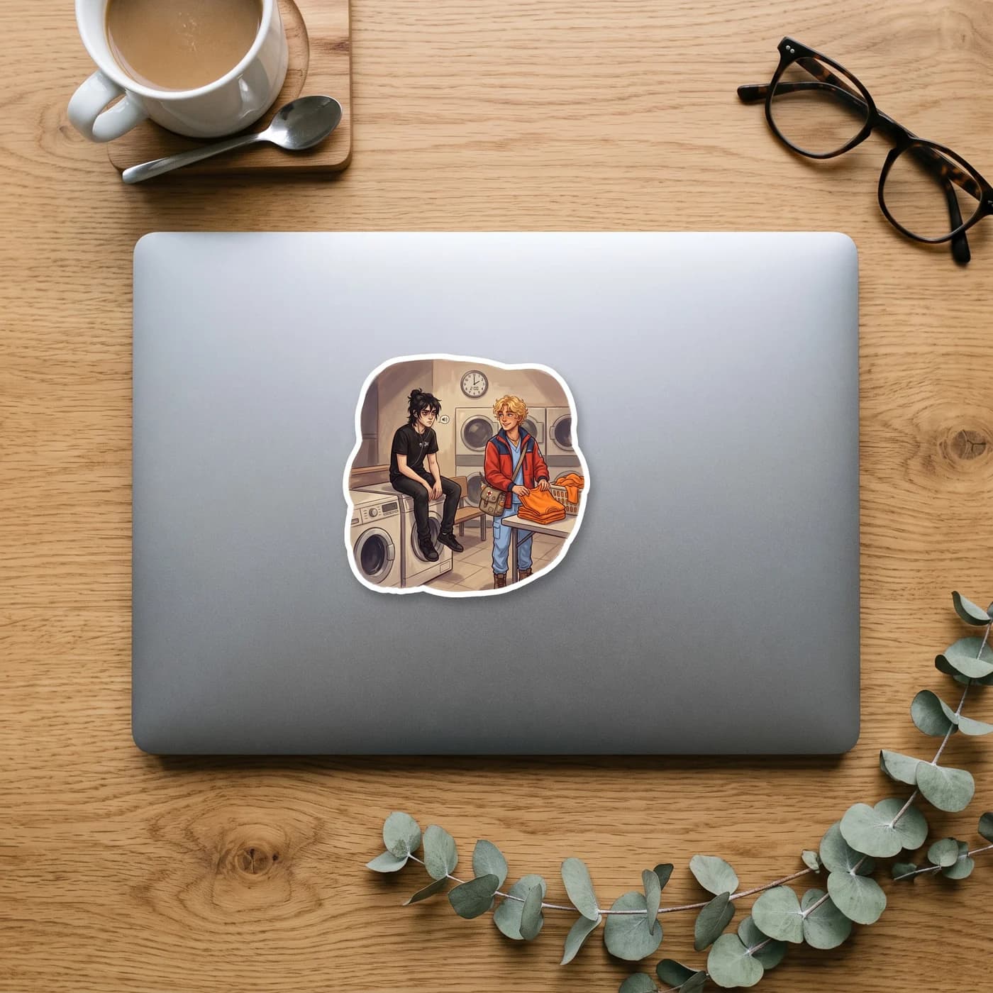 Nico sleeps sitting up against the vibrating washing machine in a fluorescent-lit New York laundromat at 2am. Will drapes his own denim jacket over Nico's shoulders, keeping watch while their camp clo, view 3