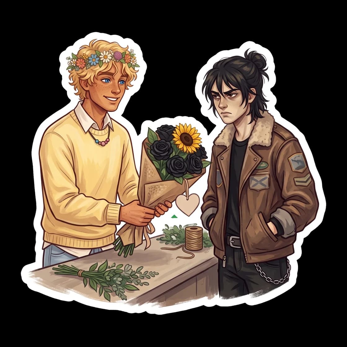 Will arranges a bright bouquet of yellow blooms while Nico leans against the counter in his signature dark jacket, surrounded by trailing pothos and terracotta pots. This alternate universe design cap