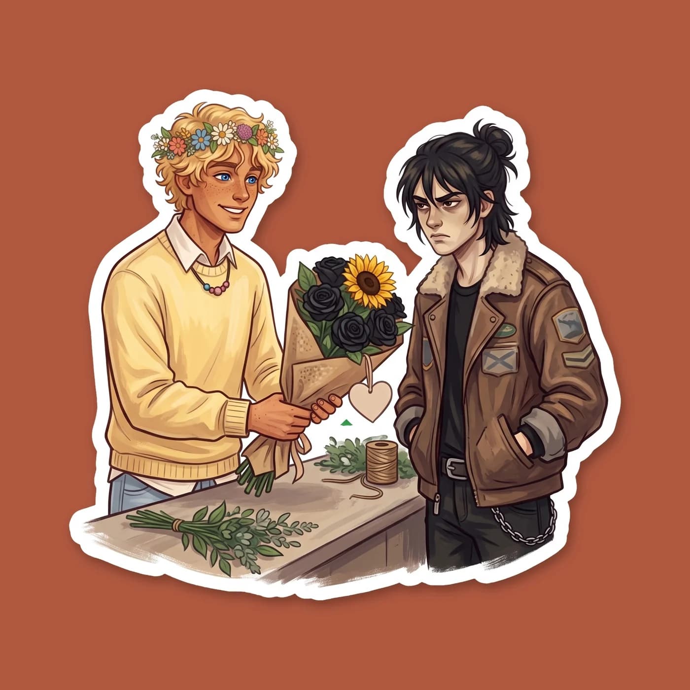 Will arranges a bright bouquet of yellow blooms while Nico leans against the counter in his signature dark jacket, surrounded by trailing pothos and terracotta pots. This alternate universe design cap, view 2