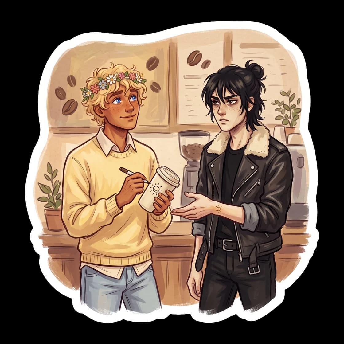 Will stands behind the espresso machine in a green apron, handing a dark roast to Nico. A glowing soulmate mark rests faintly on both of their wrists, connecting the grumpy customer and the sunny bari