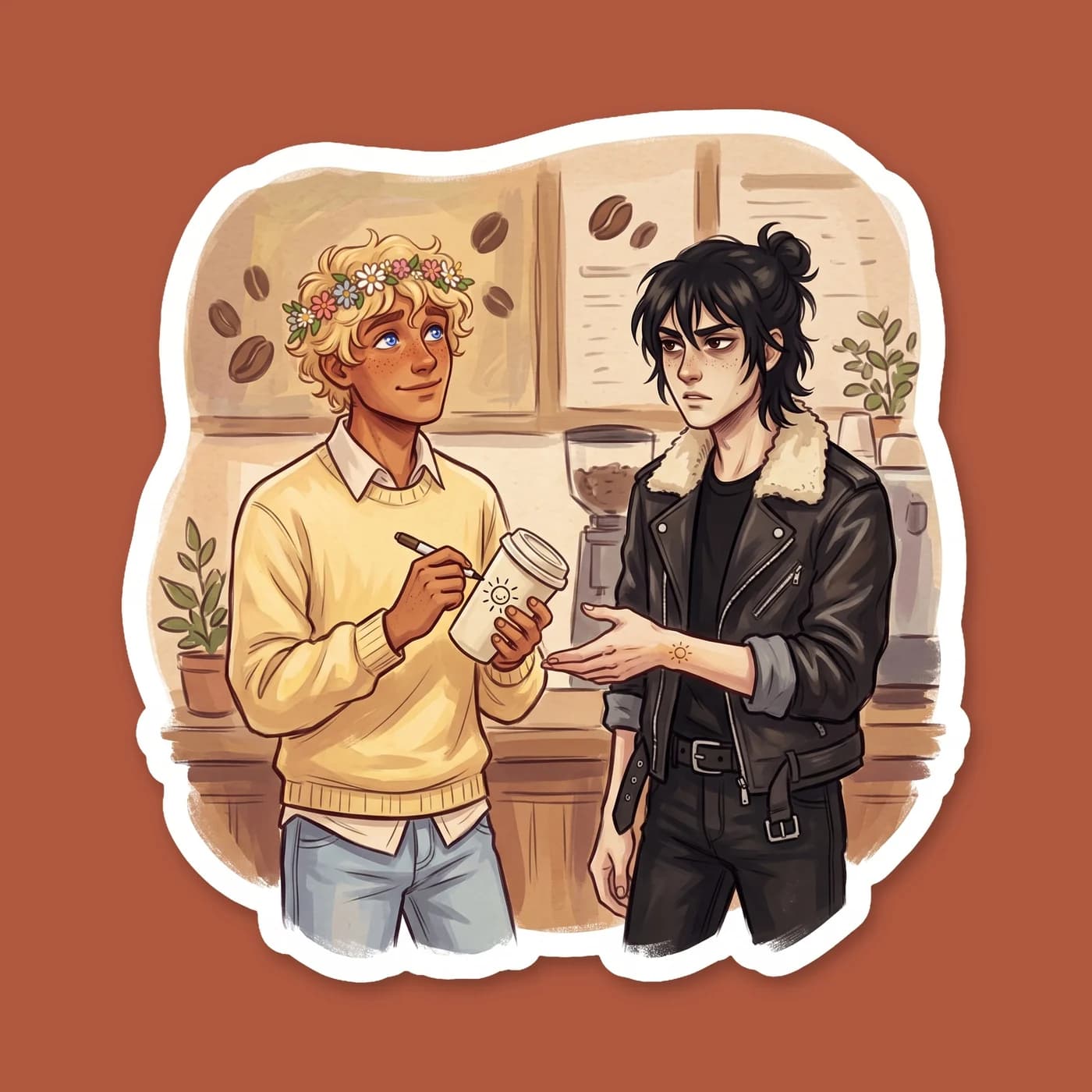 Will stands behind the espresso machine in a green apron, handing a dark roast to Nico. A glowing soulmate mark rests faintly on both of their wrists, connecting the grumpy customer and the sunny bari, view 2