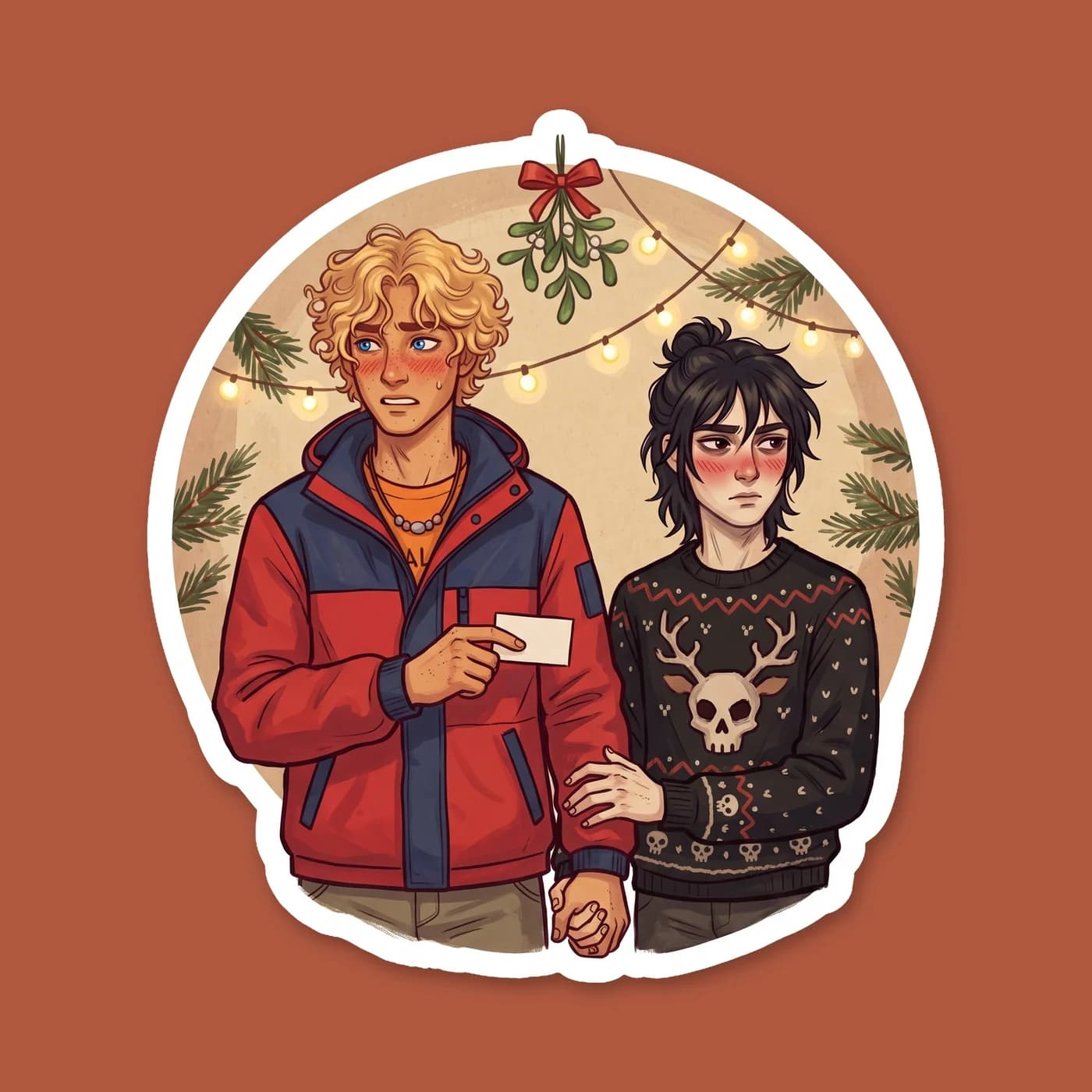 The boys wear mismatched festive sweaters while standing stiffly under a sprig of mistletoe, trying to maintain their fake relationship ruse. Nico blushes deeply into his scarf while Will offers a cha, view 2
