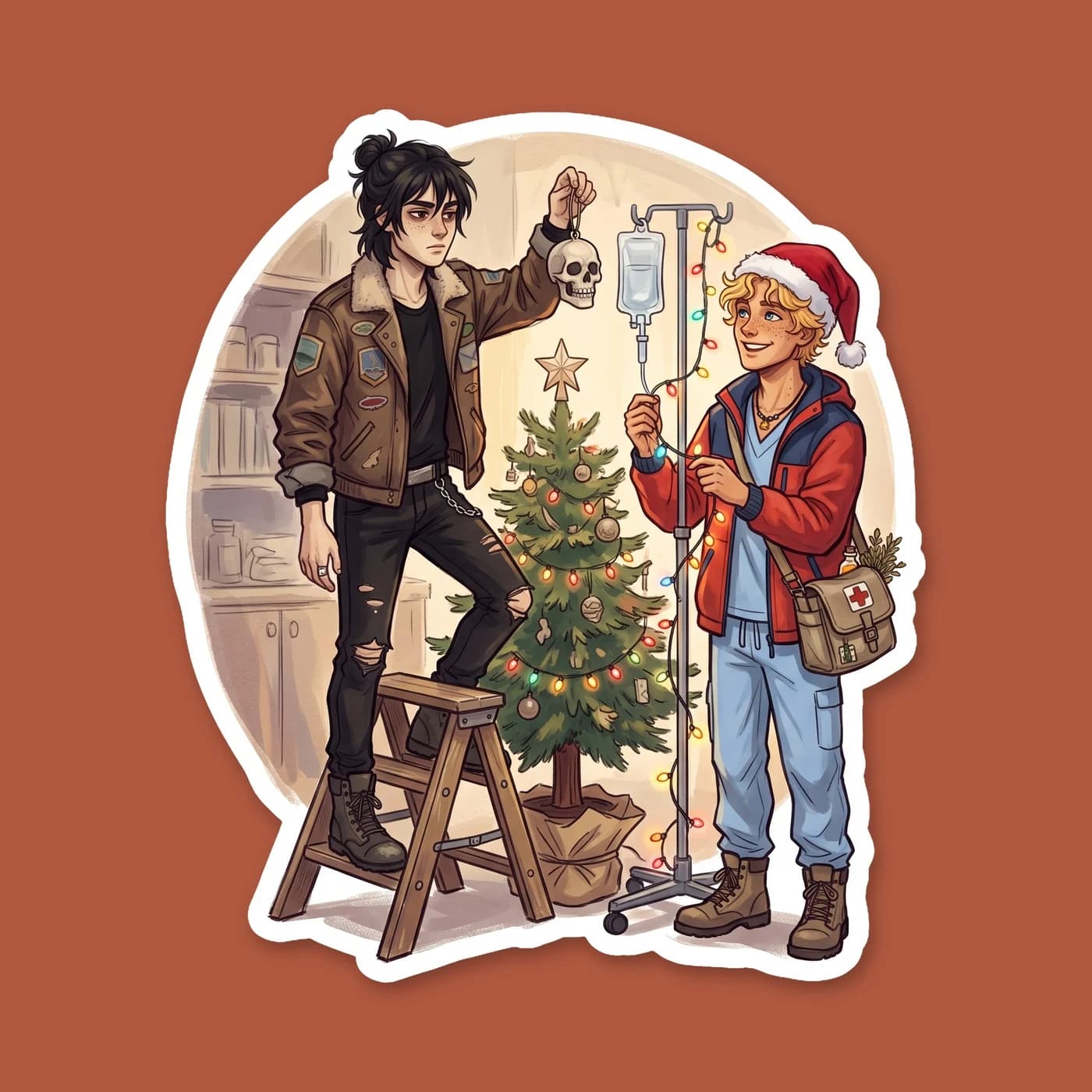 Will wraps a bandage around a scrape on Nico's arm, surrounded by medical supplies and a tiny decorated evergreen tree on the infirmary desk. Warm glowing light radiates from Will's hands as he uses h, view 2