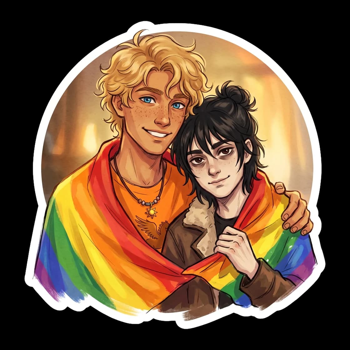 Nico and Will stand shoulder to shoulder with a large rainbow flag draped over their backs like a hero's cape. The bright colors contrast against Nico's dark aviator jacket, celebrating their identity