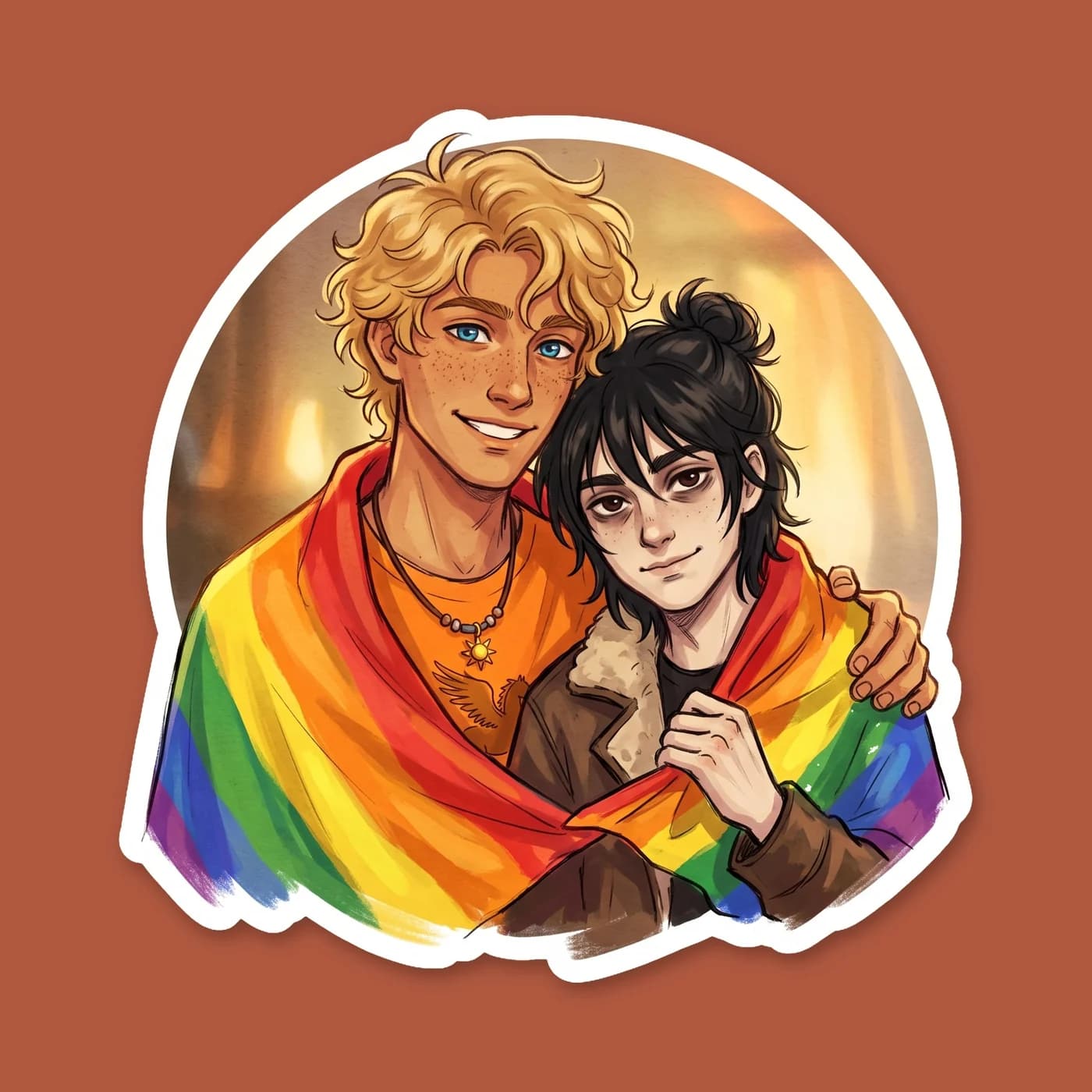 Nico and Will stand shoulder to shoulder with a large rainbow flag draped over their backs like a hero's cape. The bright colors contrast against Nico's dark aviator jacket, celebrating their identity, view 2