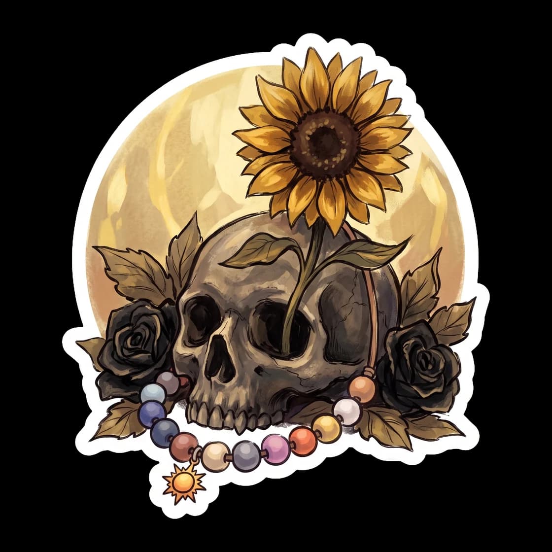 A cheerful yellow sunflower intertwines with a detailed human skull in a simple, minimalist line art design. This subtle pairing of life and death beautifully represents the bond between the head coun