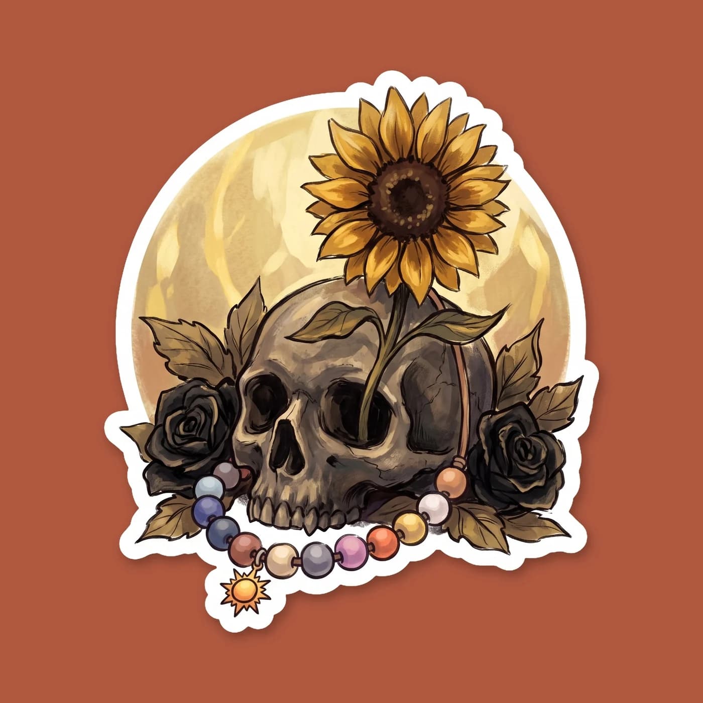 A cheerful yellow sunflower intertwines with a detailed human skull in a simple, minimalist line art design. This subtle pairing of life and death beautifully represents the bond between the head coun, view 2
