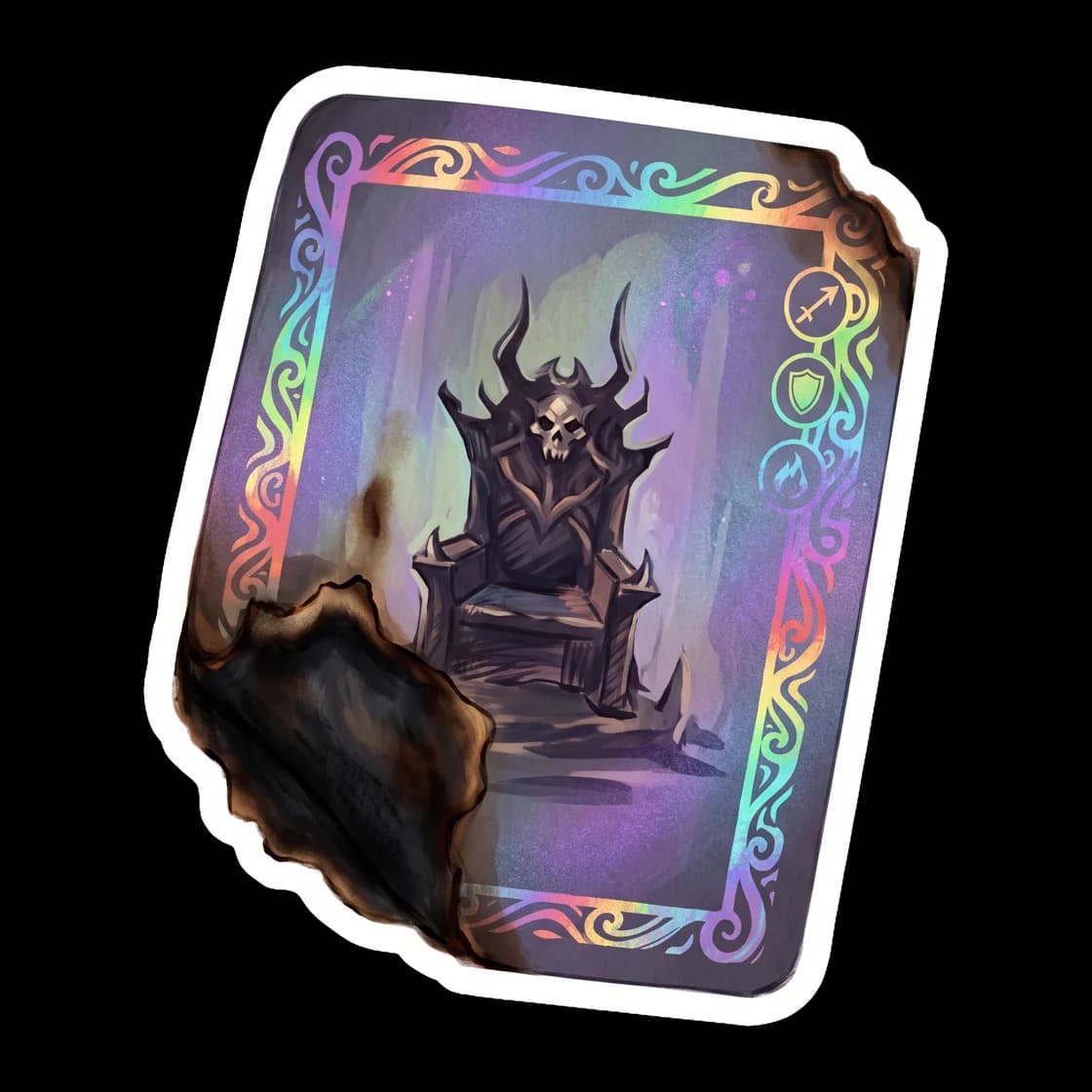 A rare Hades Mythomagic card features carefully burned edges and a subtle sheen that catches the light. The card displays the god of the underworld in a powerful stance, a nostalgic nod to Nico's chil