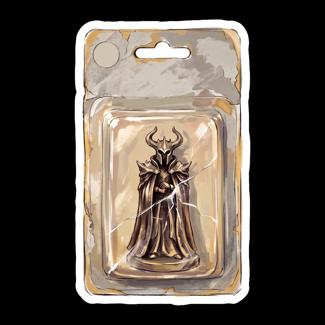 A tiny plastic god of the underworld stands inside a vintage blister pack with a distinct crack across the clear shell. This worn collectible figure represents the complex history of the ghost king be
