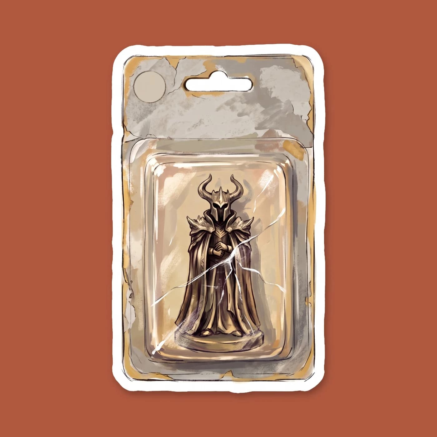 A tiny plastic god of the underworld stands inside a vintage blister pack with a distinct crack across the clear shell. This worn collectible figure represents the complex history of the ghost king be, view 2