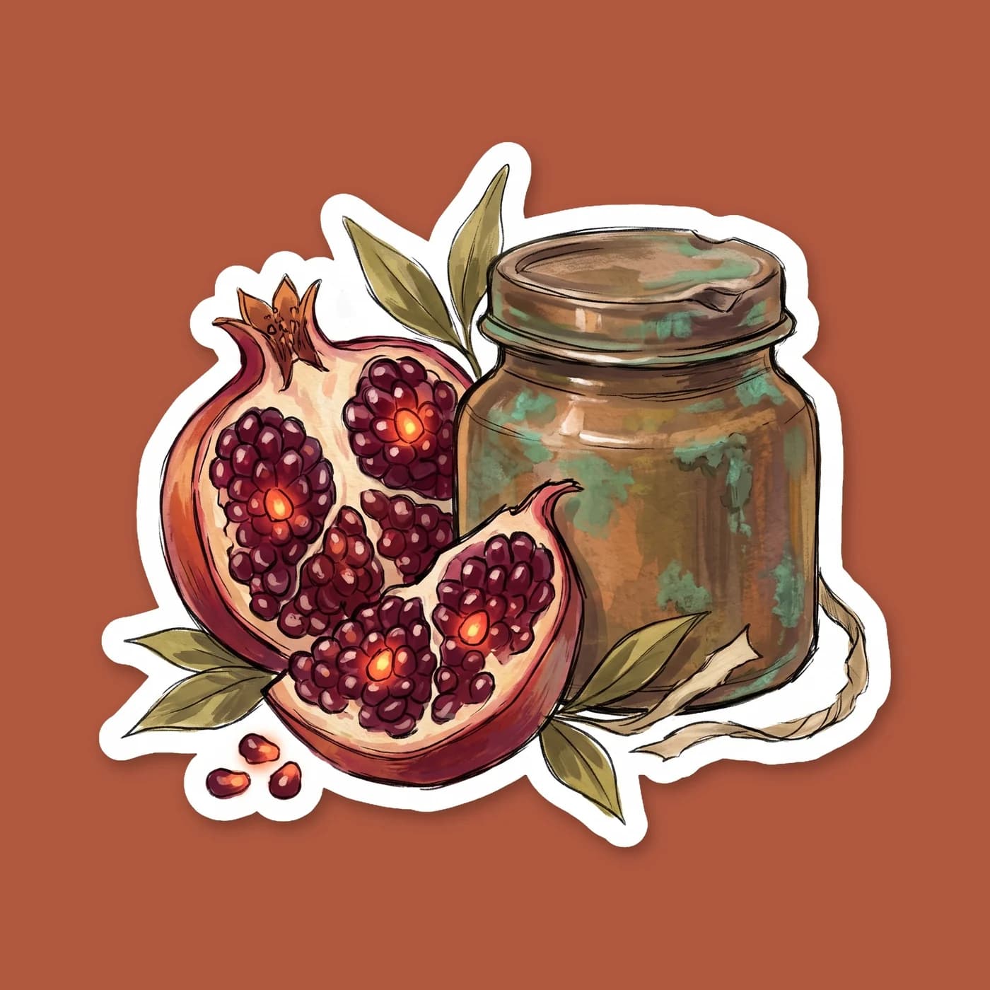 Six ruby-red pomegranate seeds rest beside a sealed celestial bronze jar, casting long dark shadows. The items symbolize Nico's painful time trapped by the giants and his deep connection to the quiet , view 2