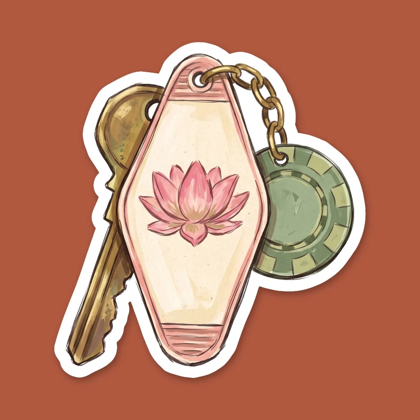 This design features a retro motel key tag from the Lotus Hotel and Casino. It is a subtle nod to the years spent trapped out of time, serving as a quiet reminder of demigod history to keep on a journ, view 2