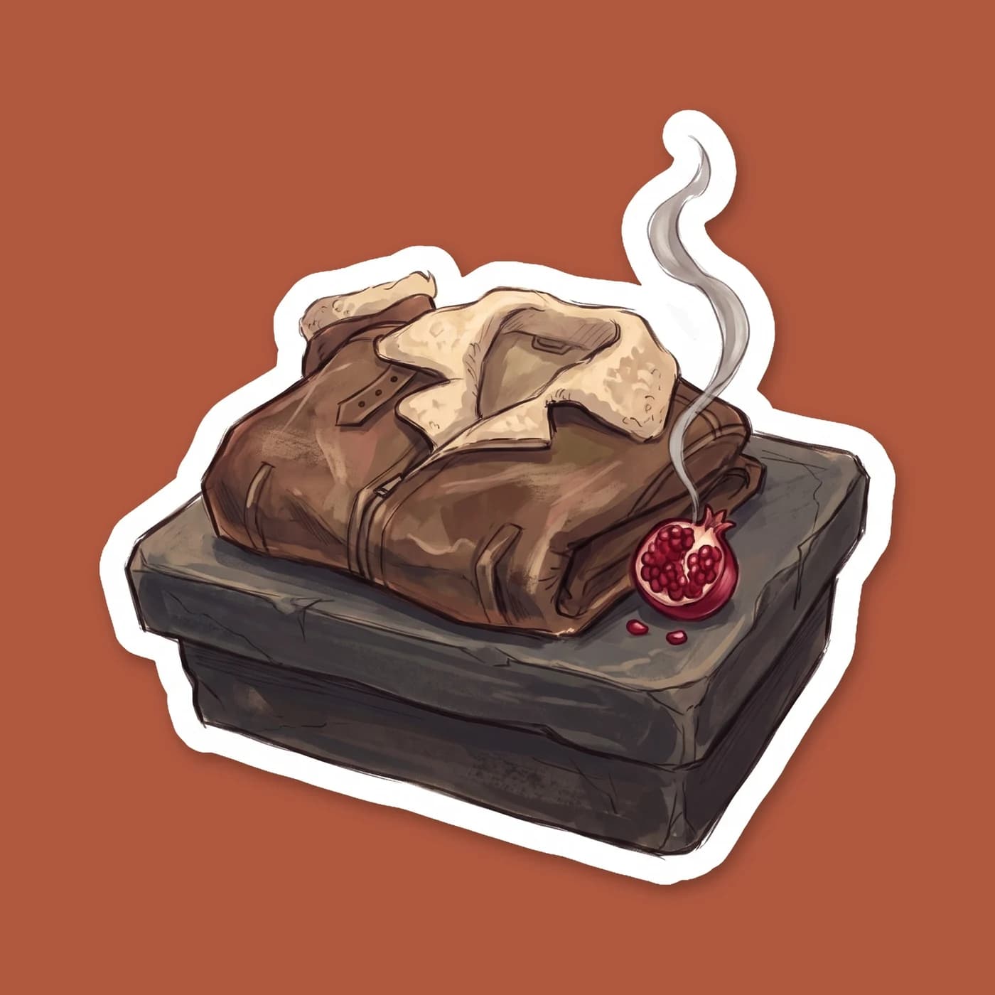 This sticker illustrates a worn aviator jacket resting carefully on a skull-adorned altar. It represents quiet moments of reflection in the Hades cabin, honoring the long journey of the ghost king thr, view 2